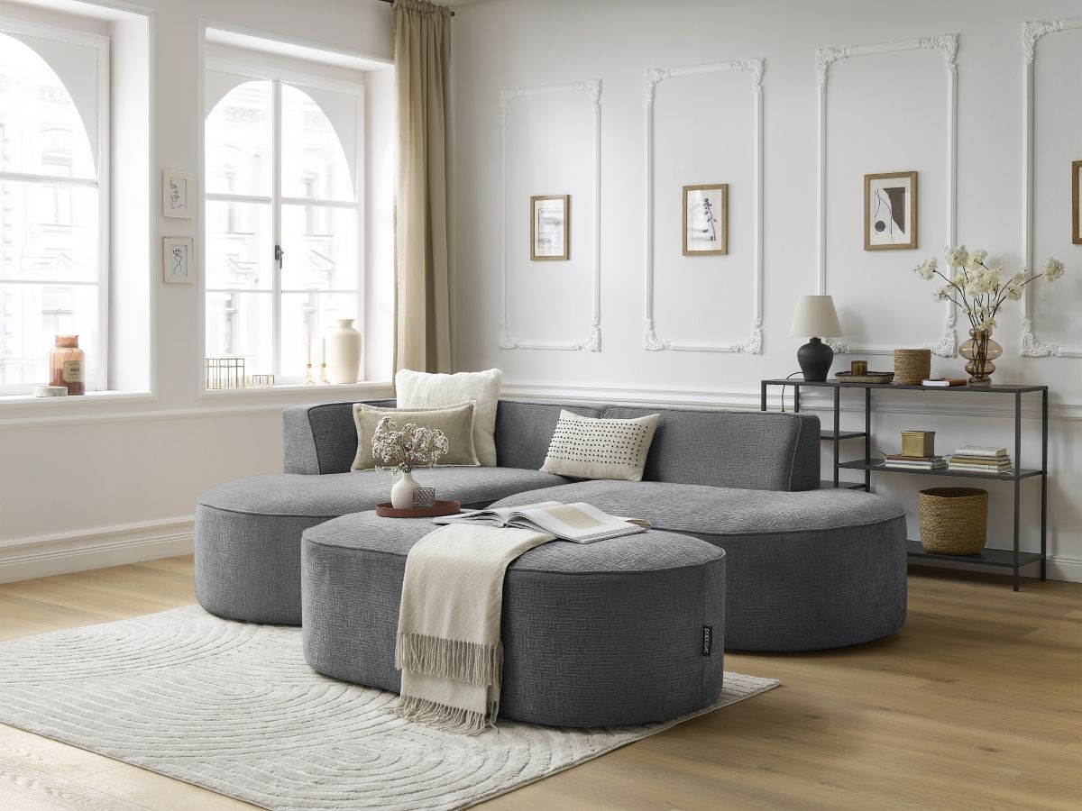 Canapé d'angle fixe ROUSSEAU tissu texturé avec pouf