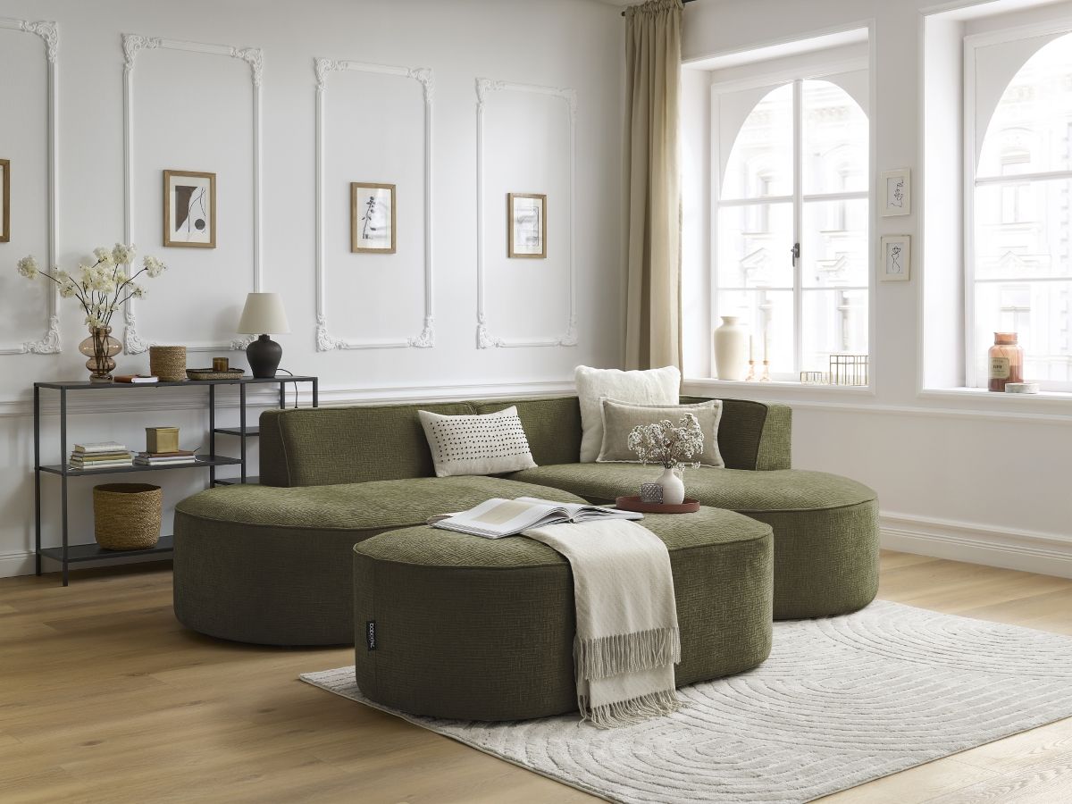 Canapé d'angle fixe ROUSSEAU tissu texturé avec pouf