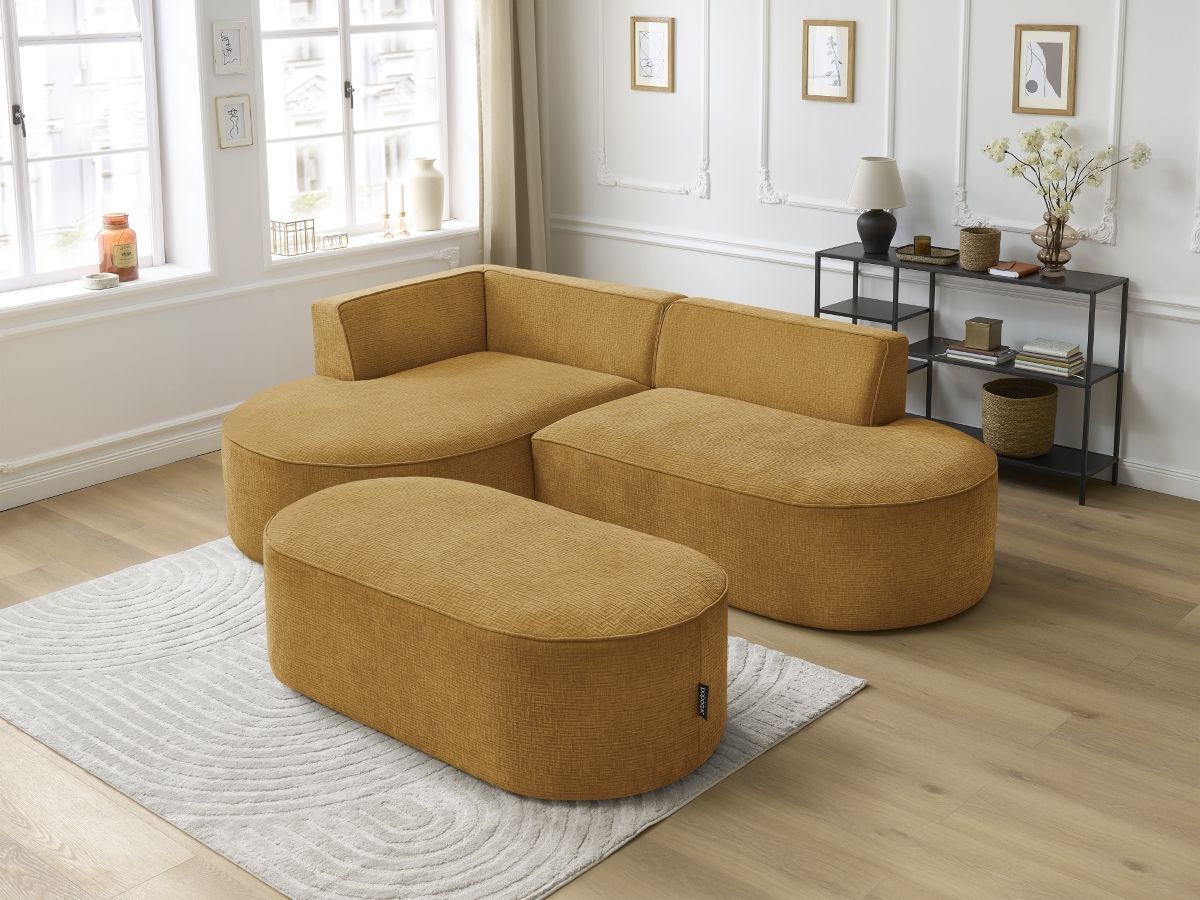 Canapé d'angle fixe ROUSSEAU tissu texturé avec pouf