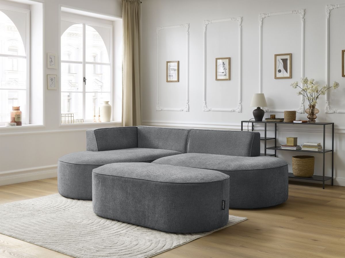 Canapé d'angle fixe ROUSSEAU tissu texturé avec pouf