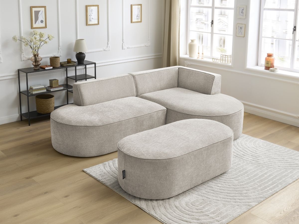Canapé d'angle fixe ROUSSEAU tissu texturé avec pouf