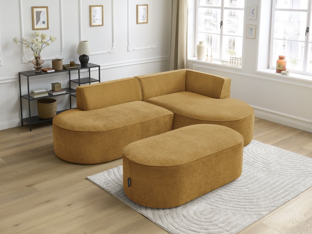 Canapé d'angle fixe ROUSSEAU tissu texturé avec pouf