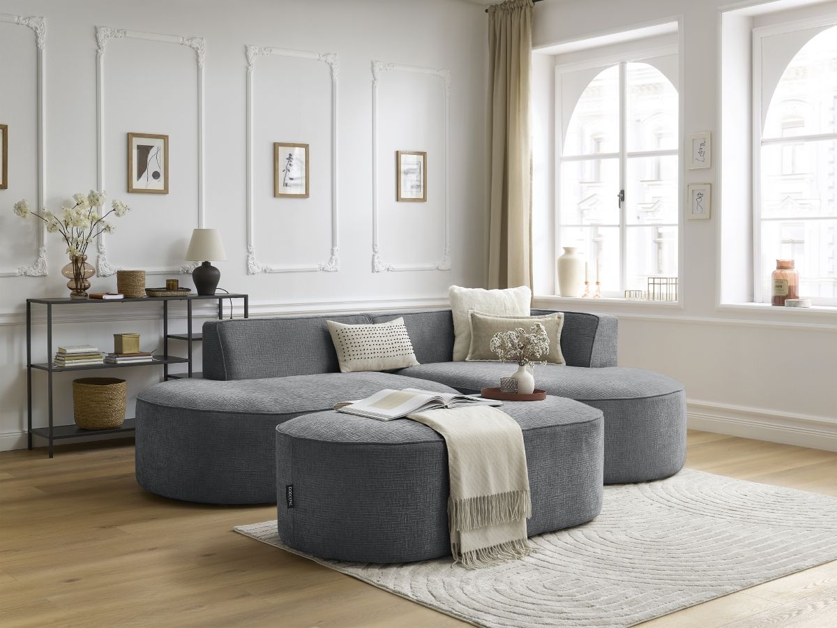 Canapé d'angle fixe ROUSSEAU tissu texturé avec pouf
