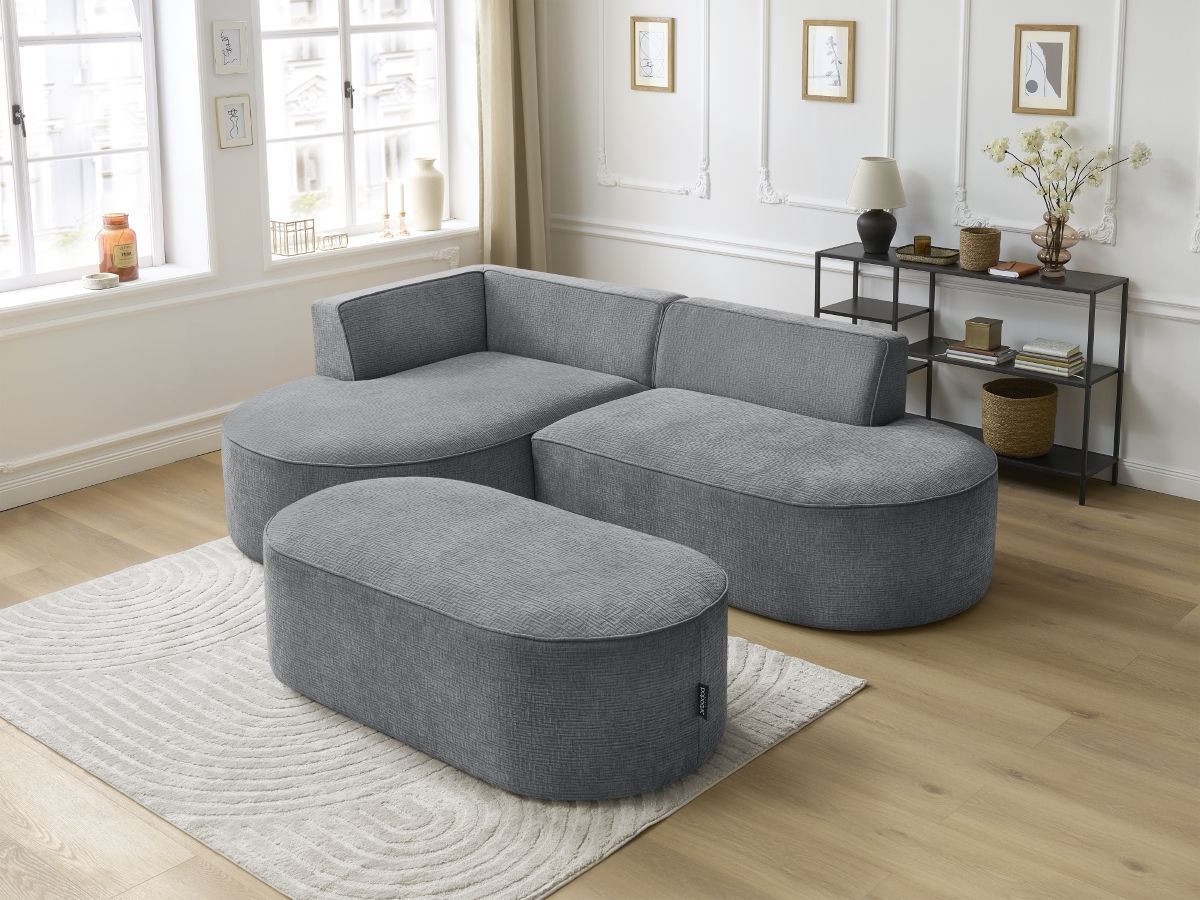 Canapé d'angle fixe ROUSSEAU tissu texturé avec pouf