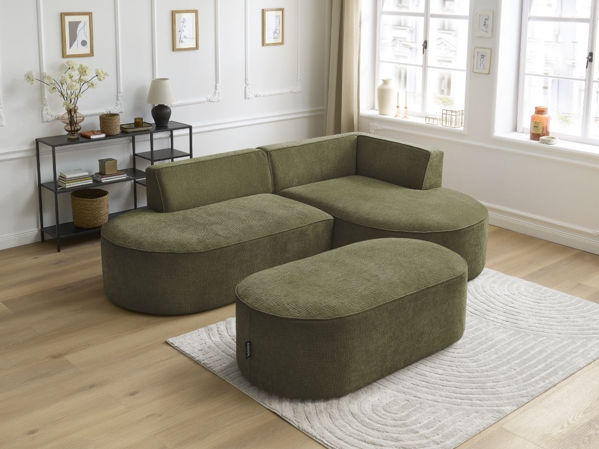 Canapé d'angle fixe ROUSSEAU tissu texturé avec pouf