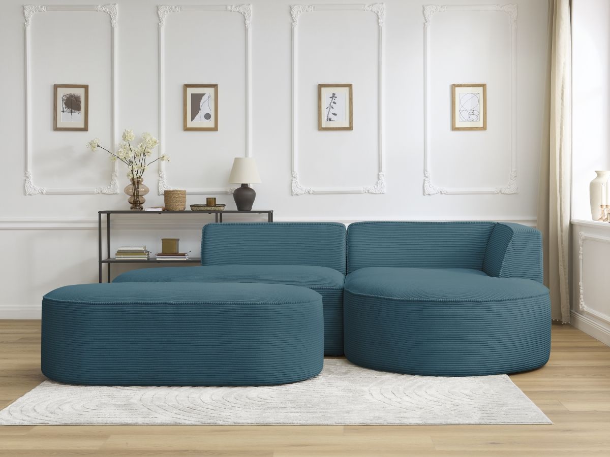 Canapé d'angle fixe ROUSSEAU velours côtelé avec pouf