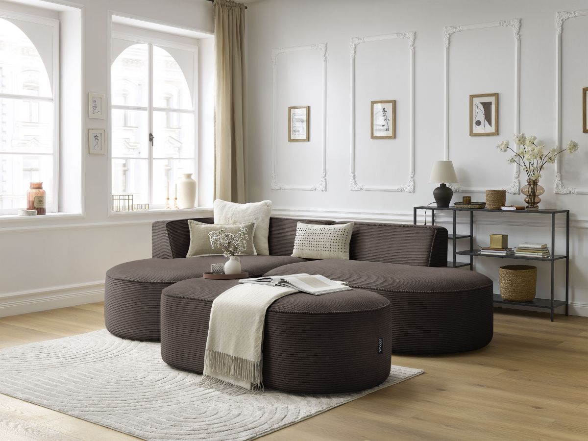 Canapé d'angle fixe ROUSSEAU velours côtelé avec pouf