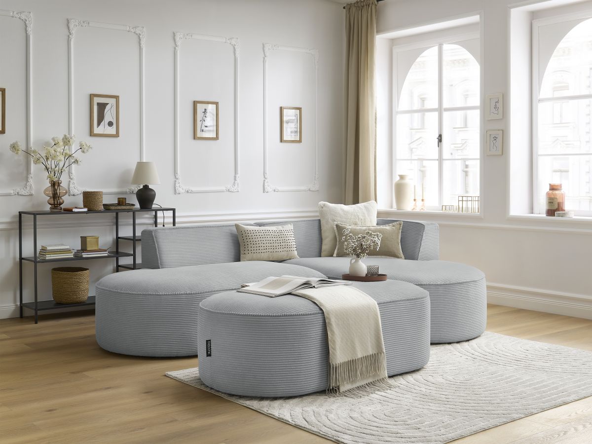 Canapé d'angle fixe ROUSSEAU velours côtelé avec pouf