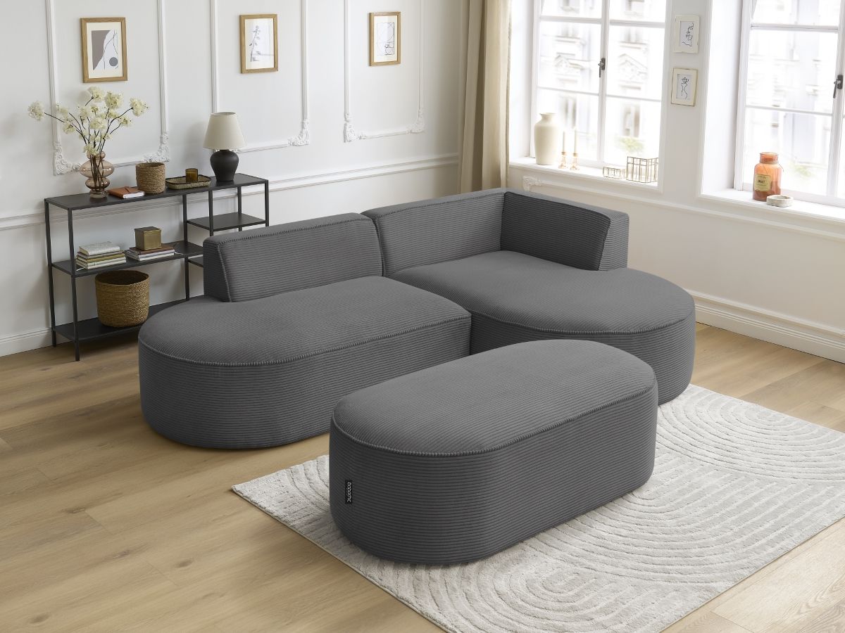Canapé d'angle fixe ROUSSEAU velours côtelé avec pouf