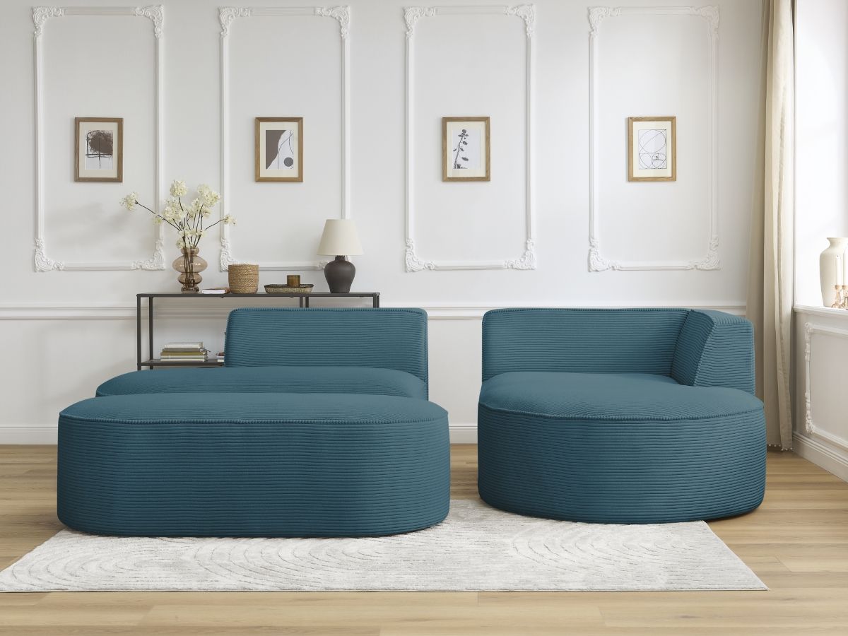 Canapé d'angle fixe ROUSSEAU velours côtelé avec pouf