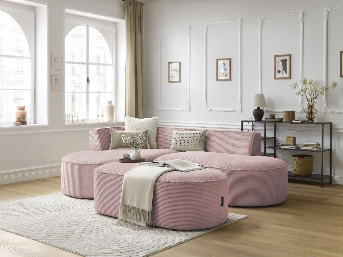 Canapé d'angle fixe ROUSSEAU velours côtelé avec pouf