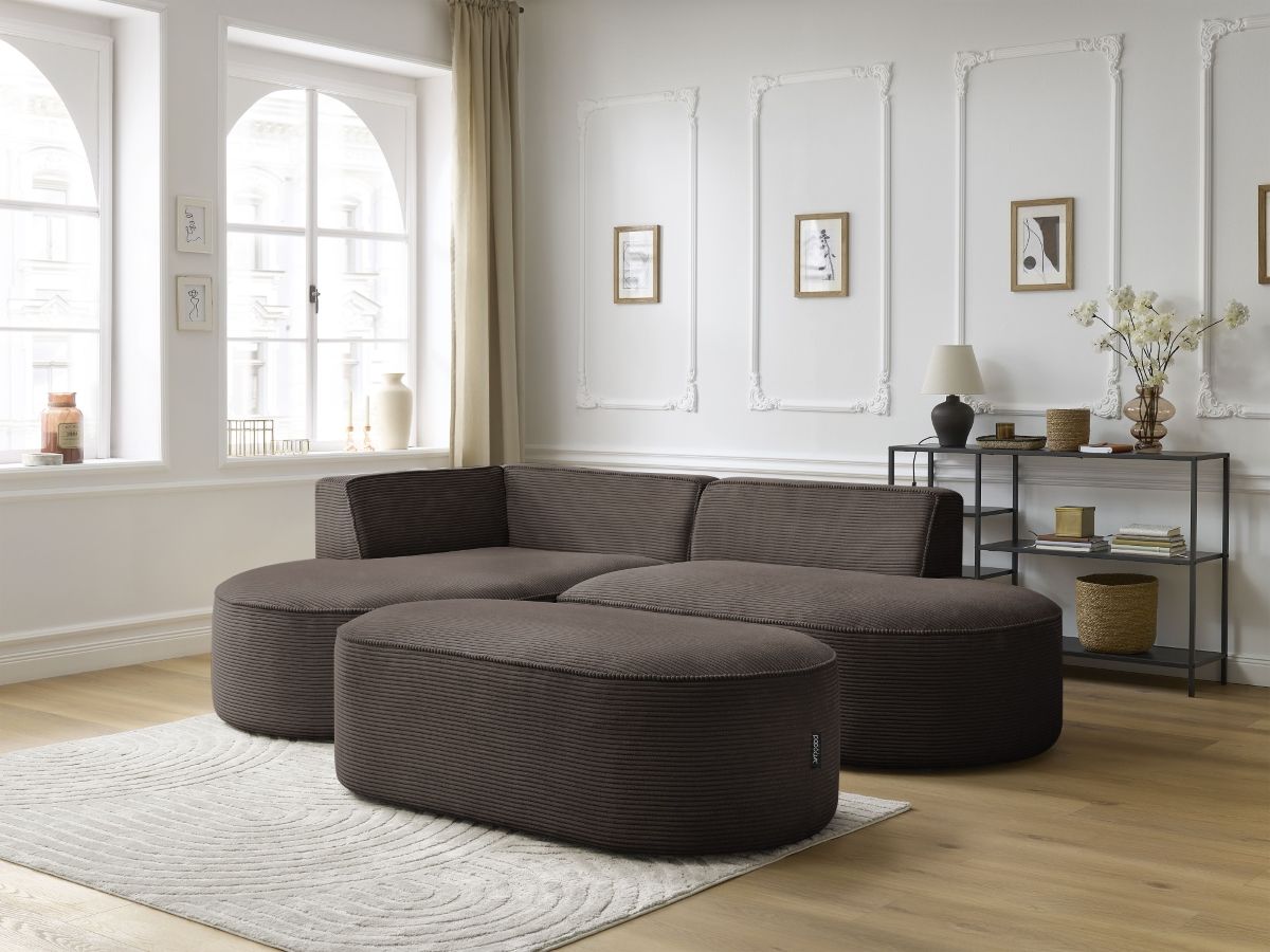 Canapé d'angle fixe ROUSSEAU velours côtelé avec pouf
