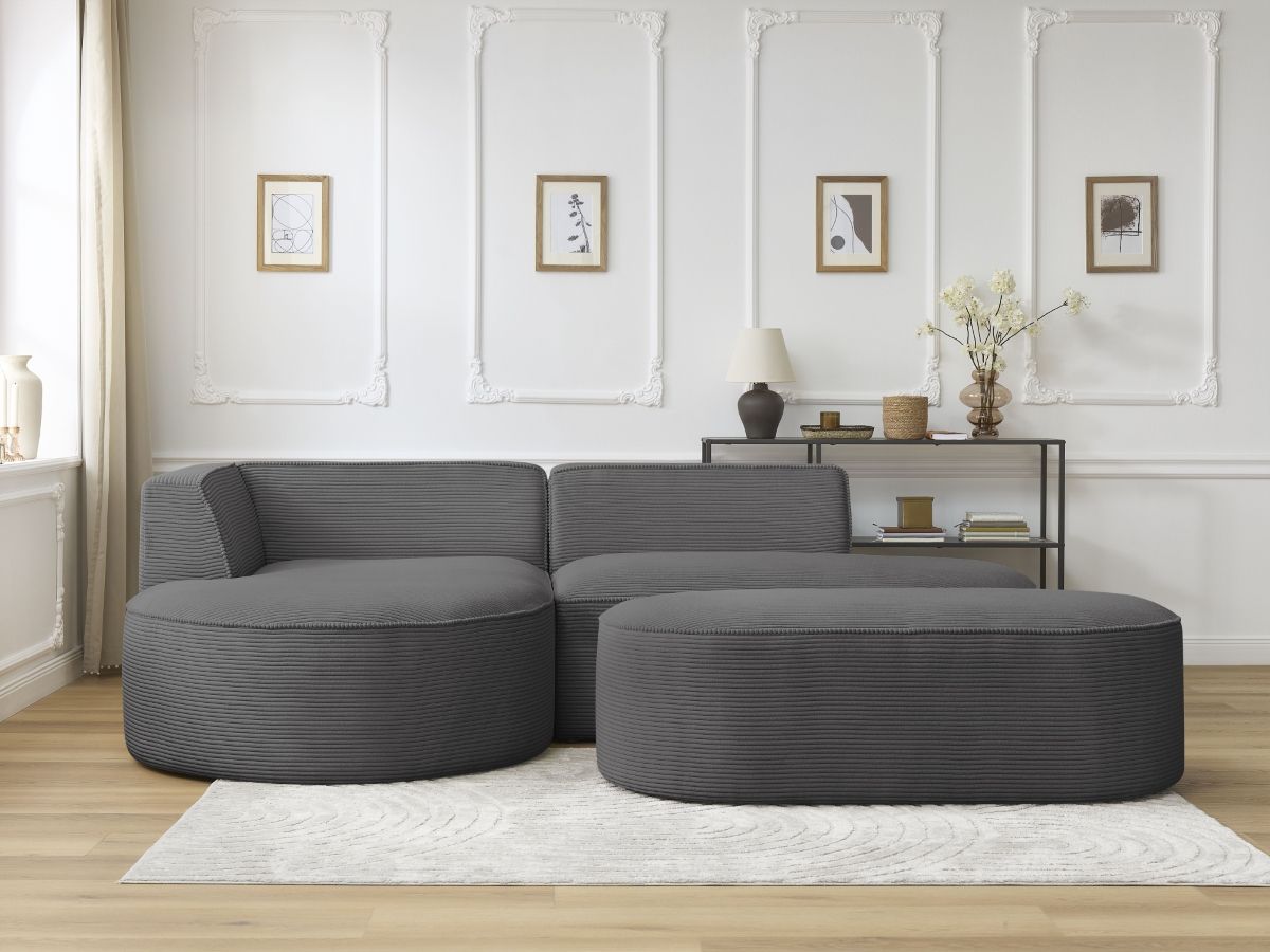 Canapé d'angle fixe ROUSSEAU velours côtelé avec pouf