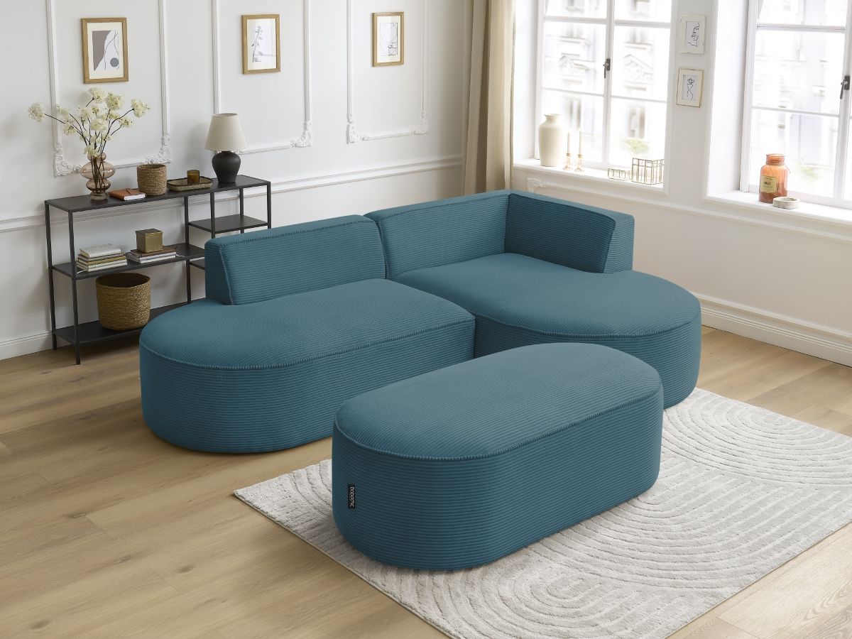 Canapé d'angle fixe ROUSSEAU velours côtelé avec pouf