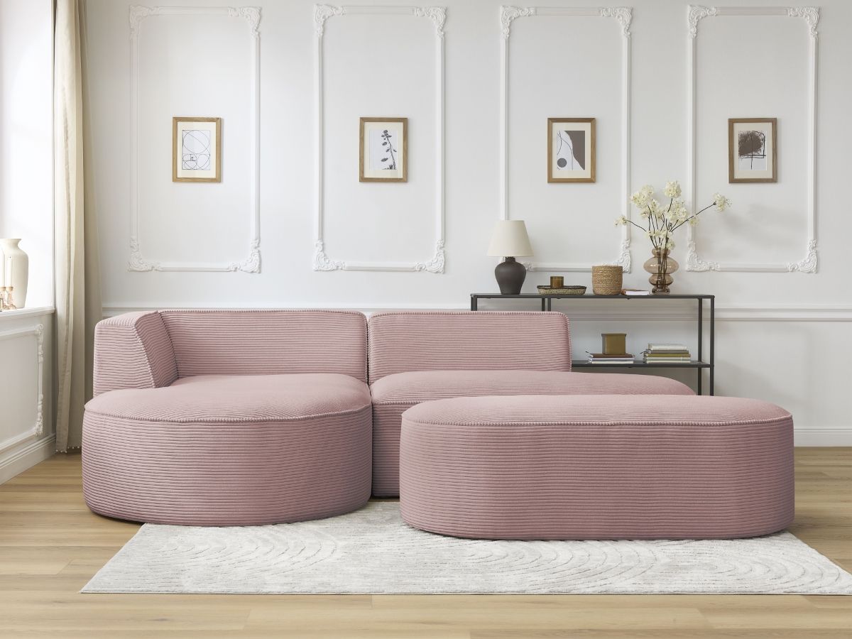 Canapé d'angle fixe ROUSSEAU velours côtelé avec pouf