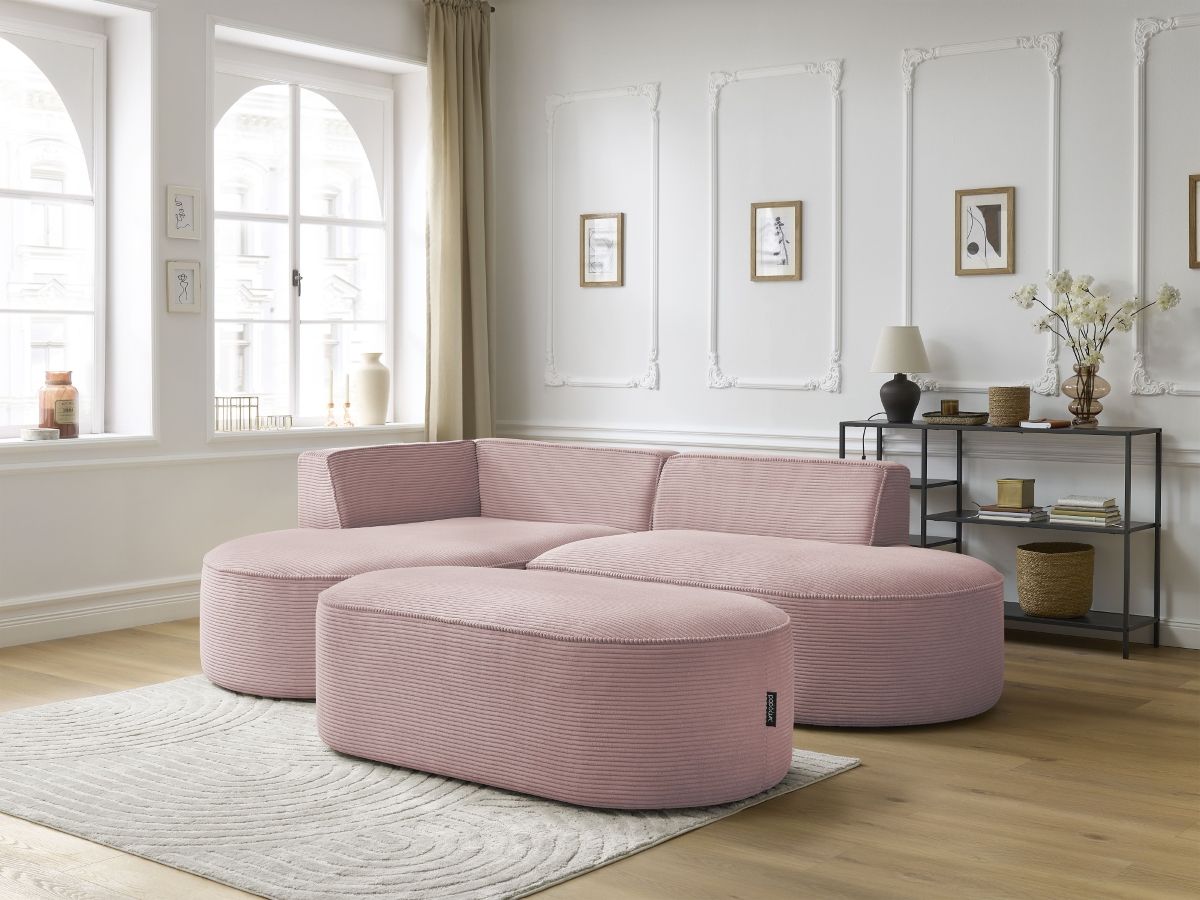 Canapé d'angle fixe ROUSSEAU velours côtelé avec pouf