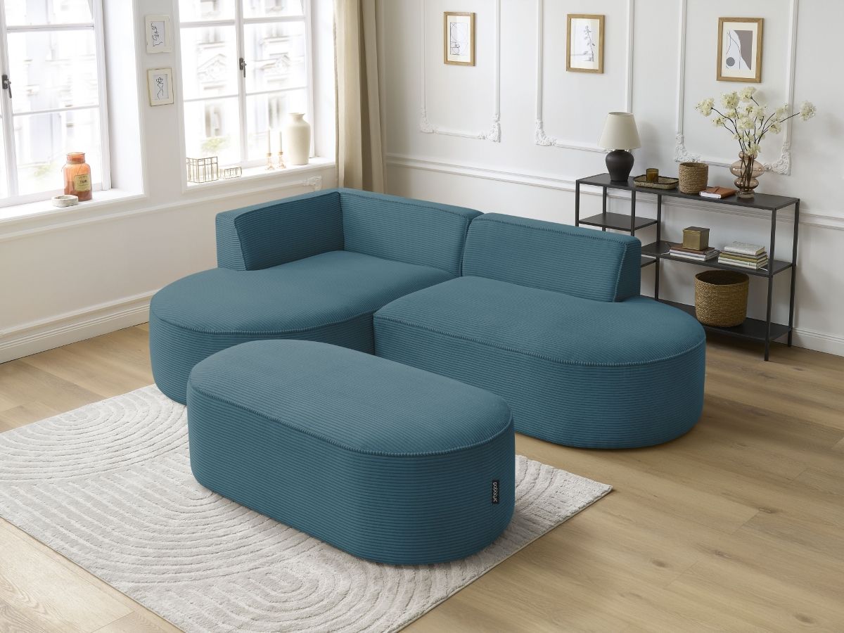 Canapé d'angle fixe ROUSSEAU velours côtelé avec pouf