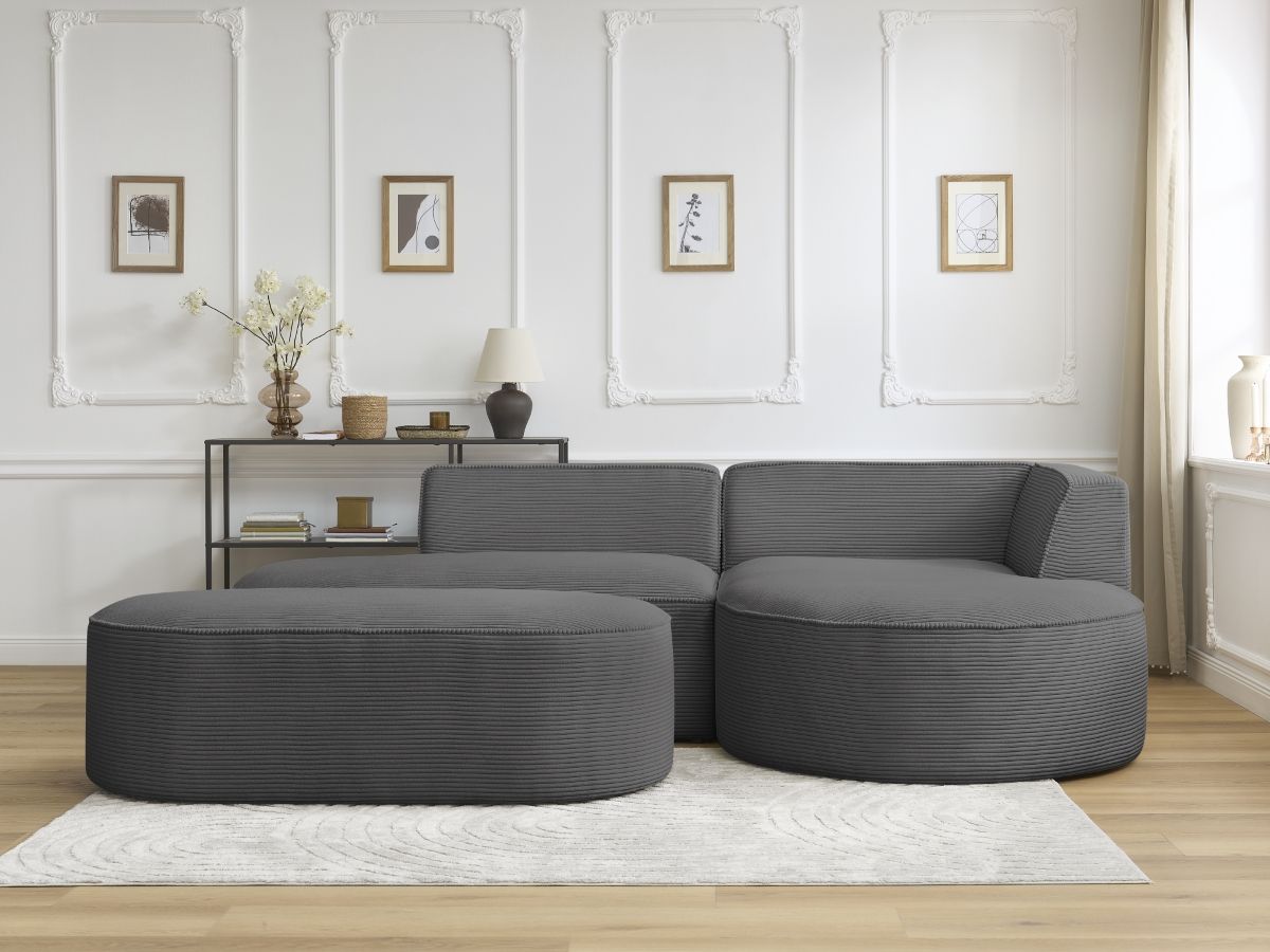 Canapé d'angle fixe ROUSSEAU velours côtelé avec pouf