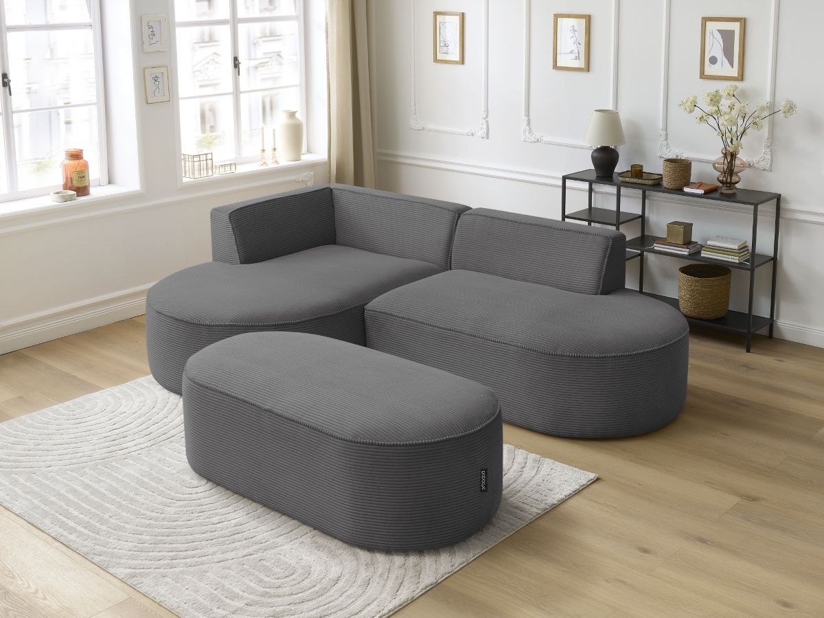 Canapé d'angle fixe ROUSSEAU velours côtelé avec pouf