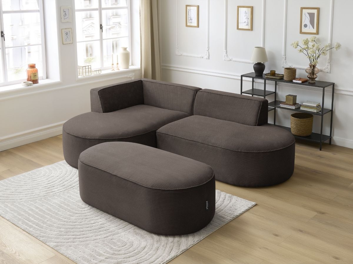 Canapé d'angle fixe ROUSSEAU velours côtelé avec pouf