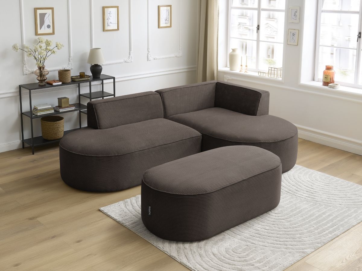 Canapé d'angle fixe ROUSSEAU velours côtelé avec pouf