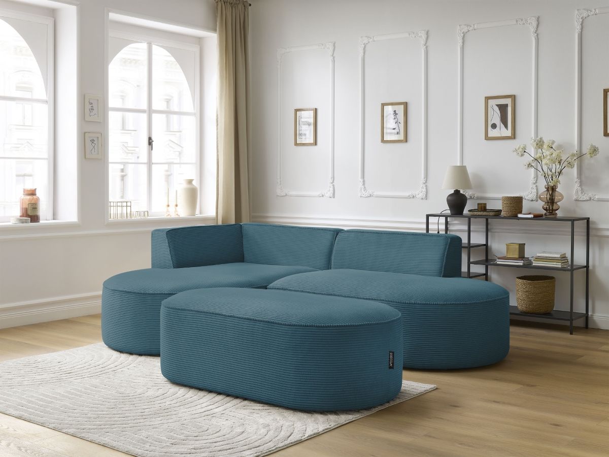 Canapé d'angle fixe ROUSSEAU velours côtelé avec pouf
