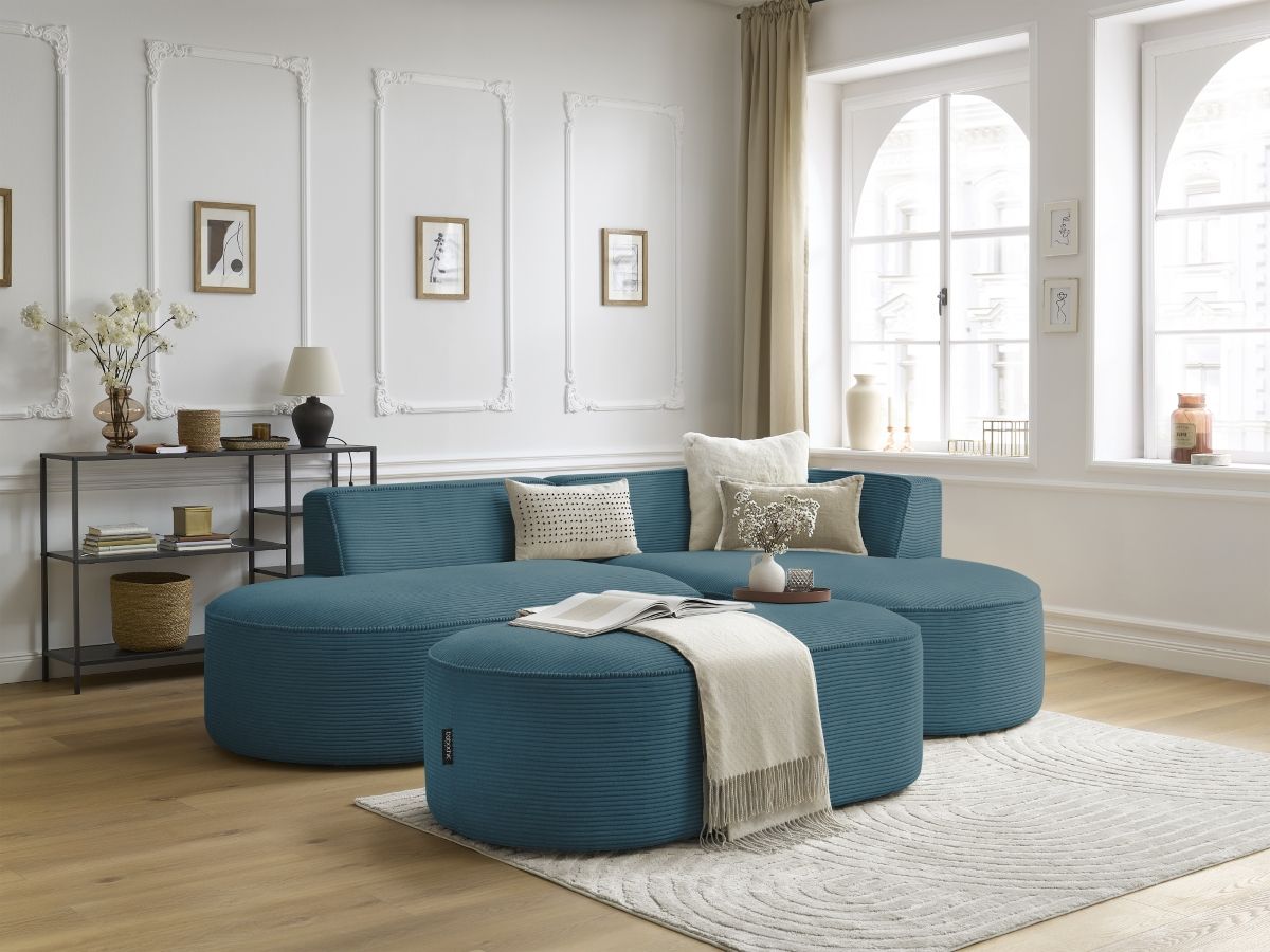 Canapé d'angle fixe ROUSSEAU velours côtelé avec pouf