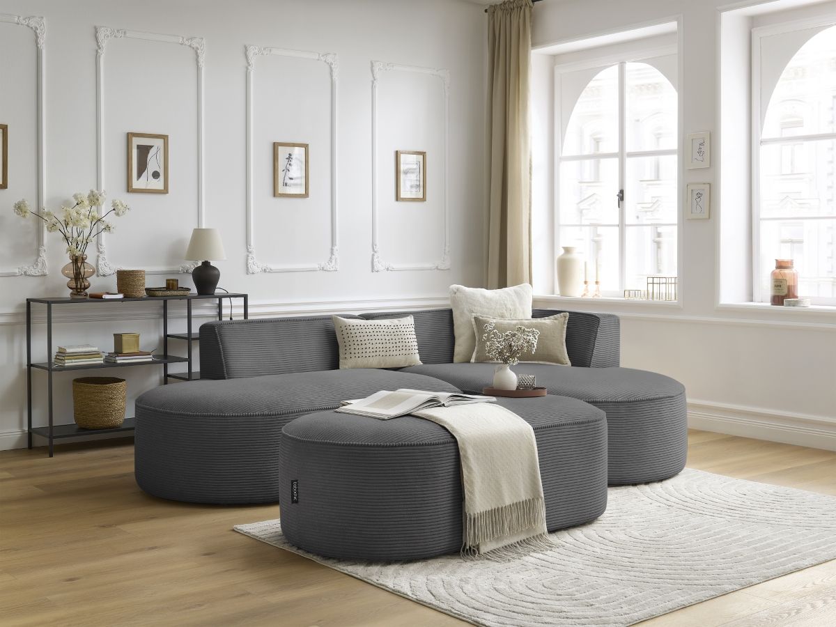 Canapé d'angle fixe ROUSSEAU velours côtelé avec pouf