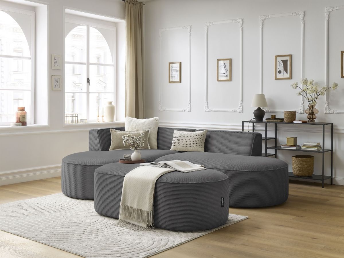 Canapé d'angle fixe ROUSSEAU velours côtelé avec pouf