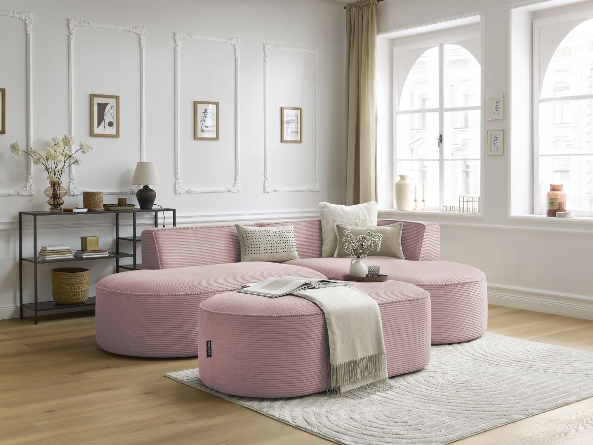 Canapé d'angle fixe ROUSSEAU velours côtelé avec pouf