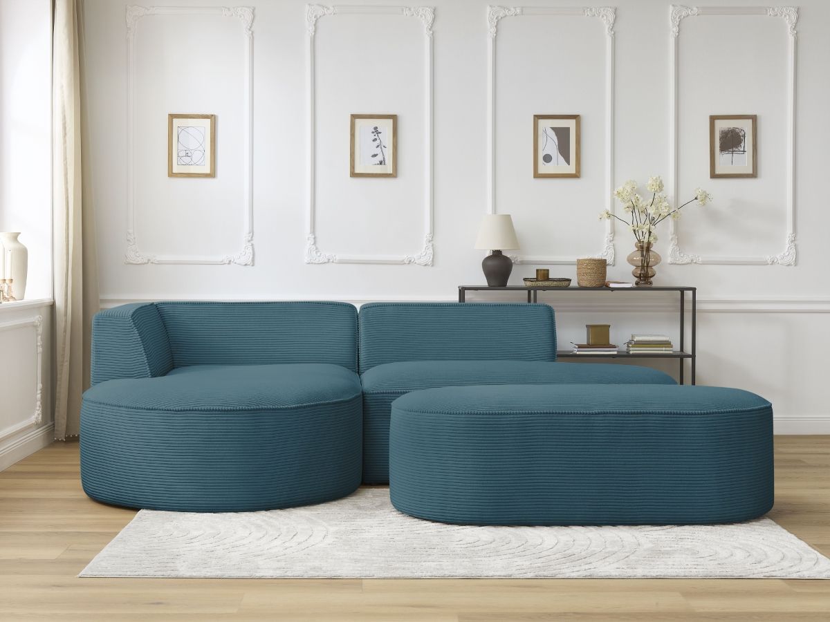 Canapé d'angle fixe ROUSSEAU velours côtelé avec pouf