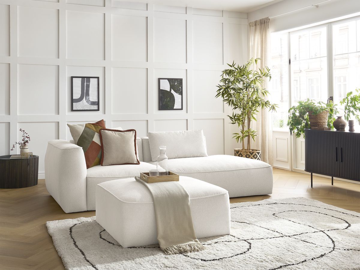 Canapé droit fixe 3 places LEOPOLD tissu chiné avec pouf