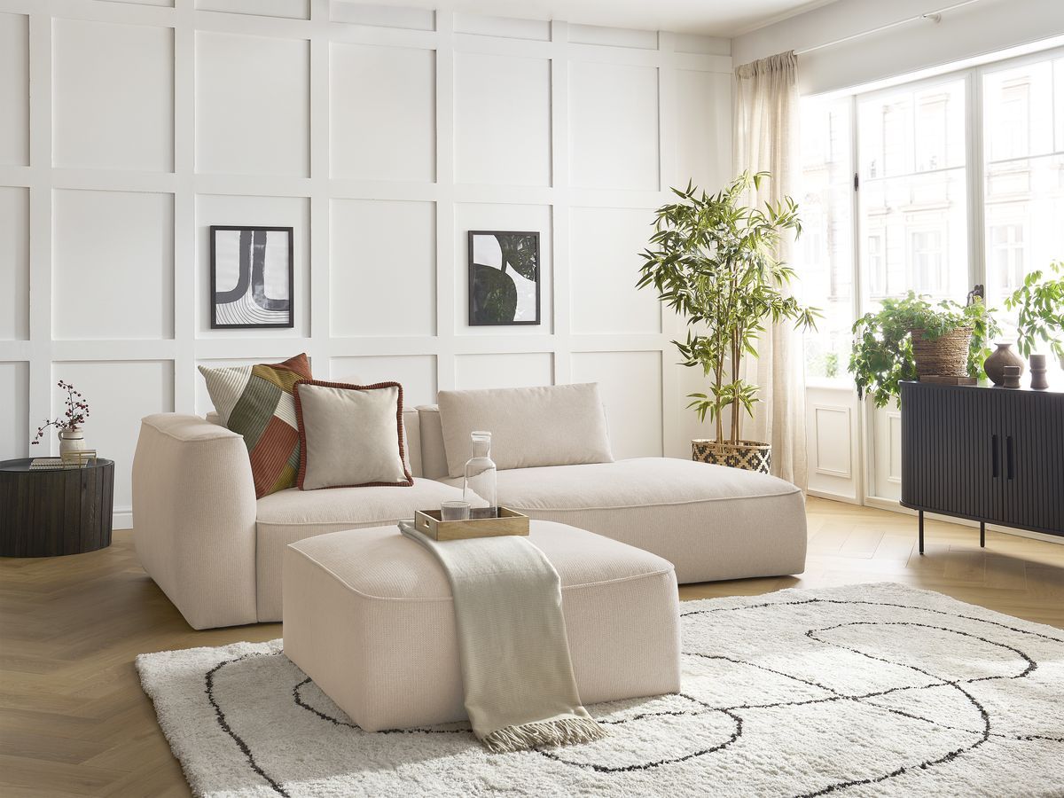 Canapé droit fixe 3 places LEOPOLD tissu chiné avec pouf