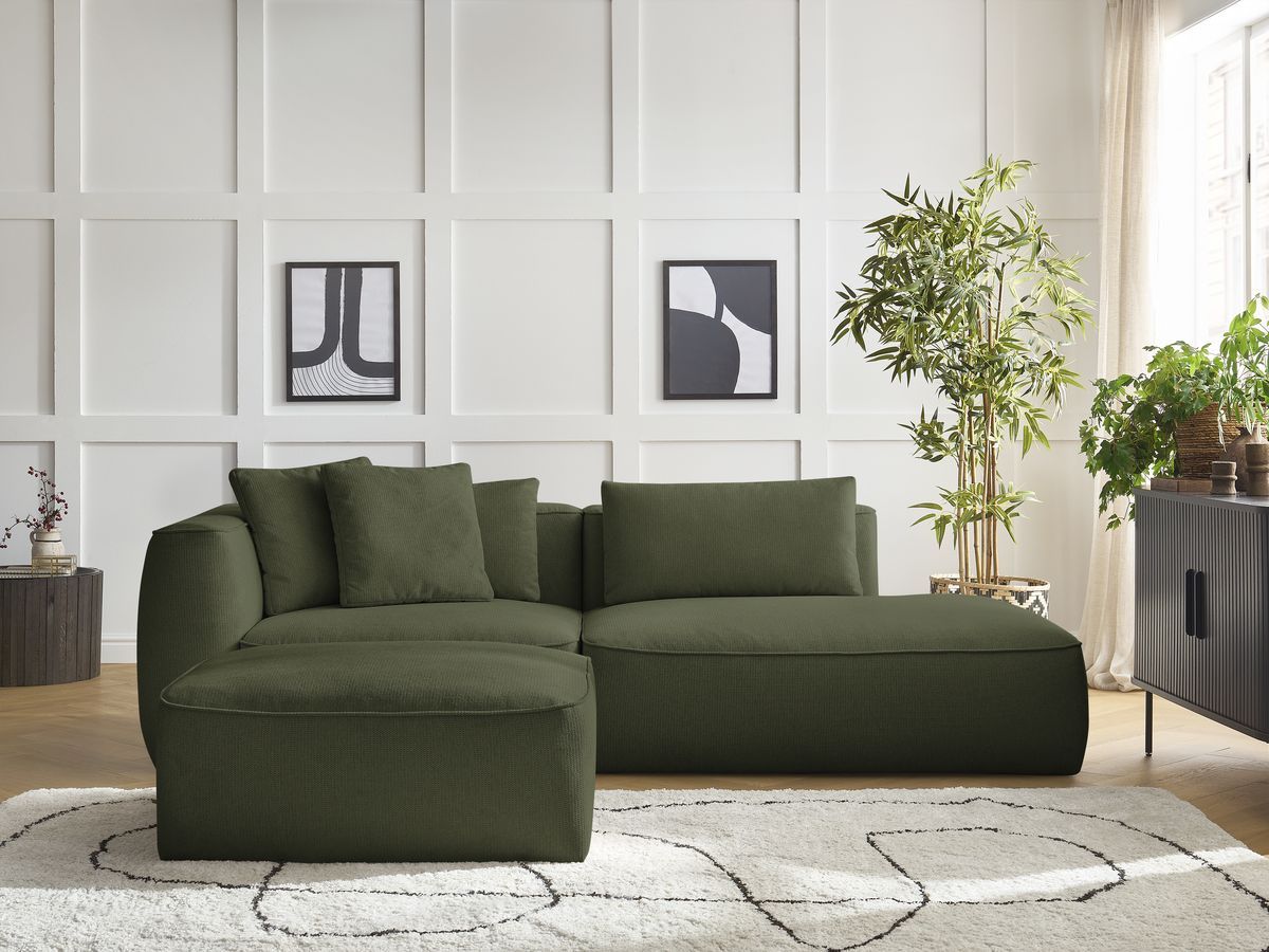 Canapé droit fixe 3 places LEOPOLD tissu chiné avec pouf