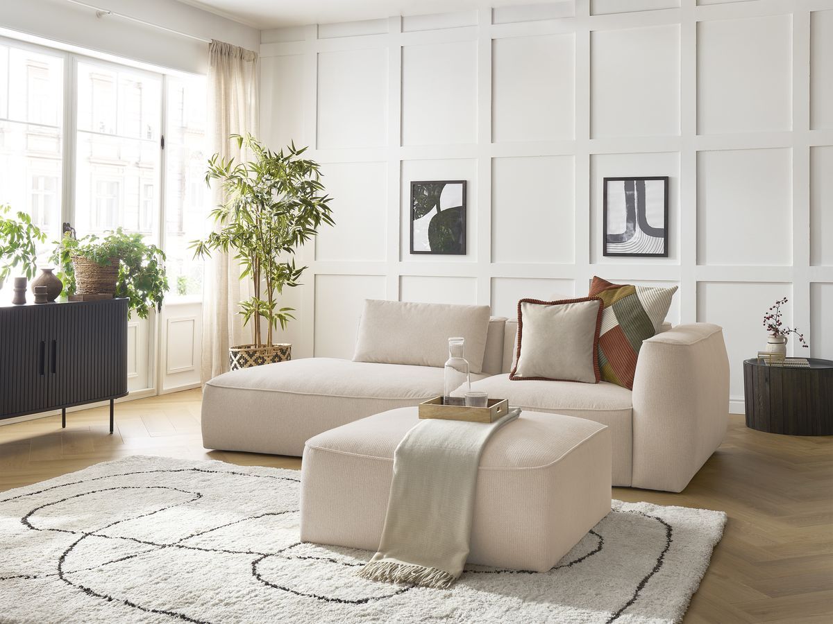 Canapé droit fixe 3 places LEOPOLD tissu chiné avec pouf