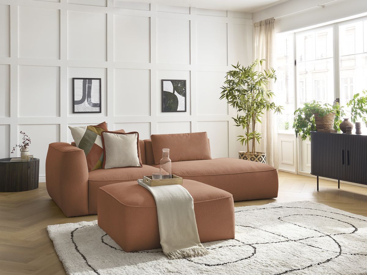 Canapé droit fixe 3 places LEOPOLD tissu chiné avec pouf