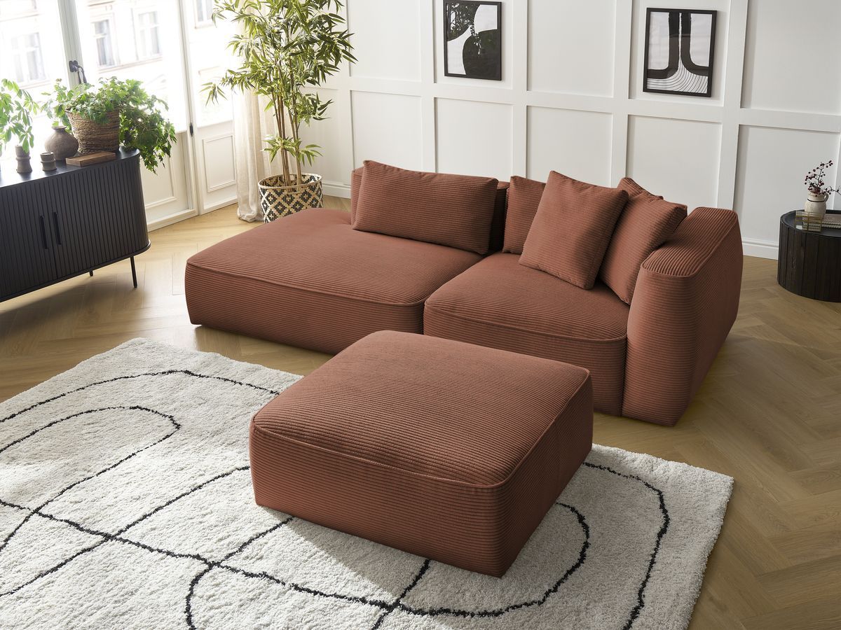 Canapé droit fixe 3 places LEOPOLD velours côtelé avec pouf