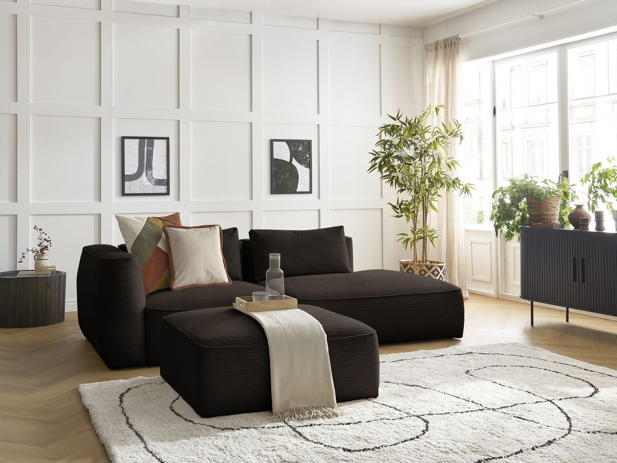Canapé droit fixe 3 places LEOPOLD velours côtelé avec pouf