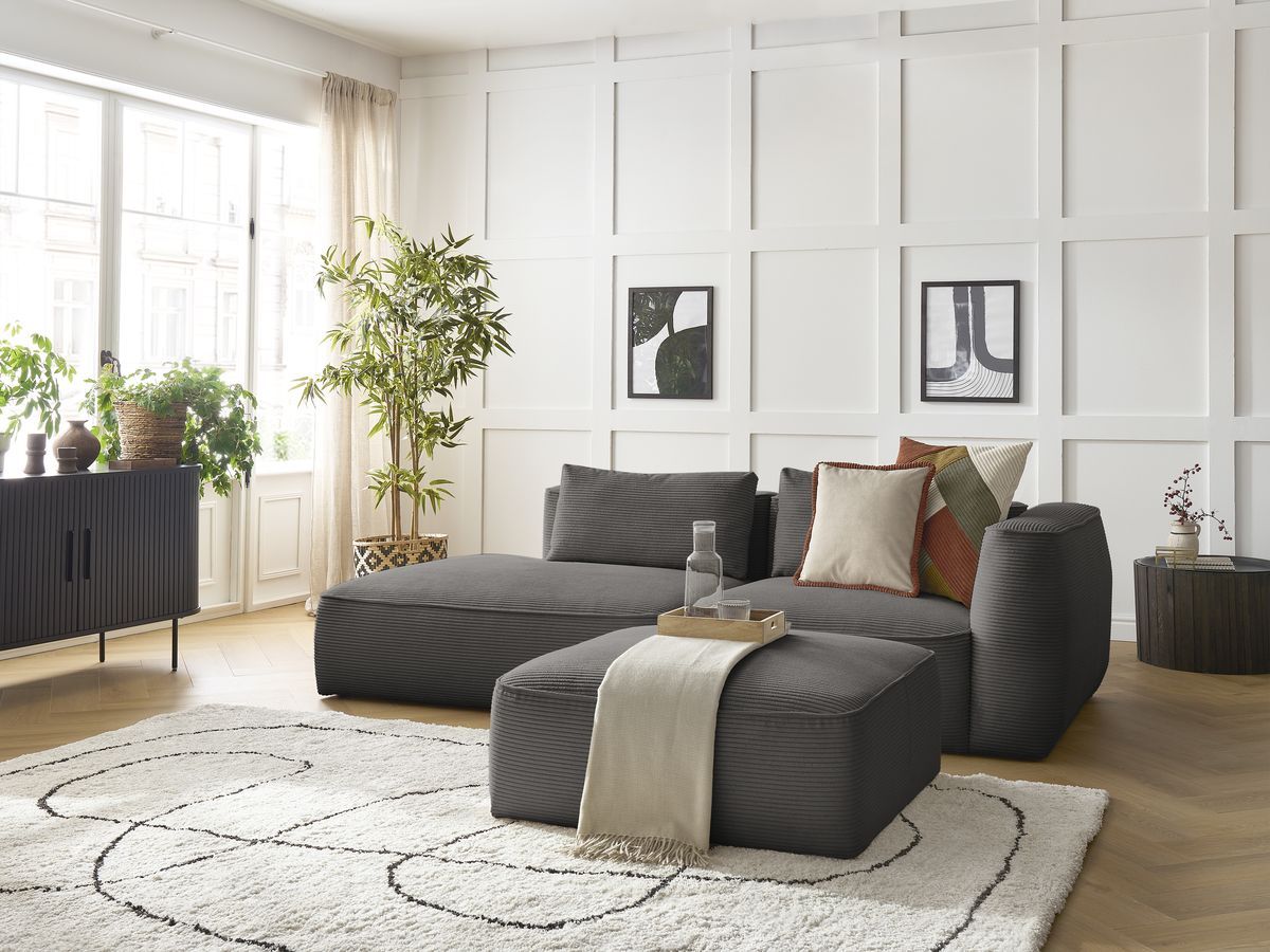 Canapé droit fixe 3 places LEOPOLD velours côtelé avec pouf