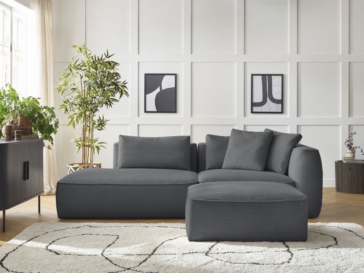 Canapé droit fixe 3 places LEOPOLD velours côtelé avec pouf