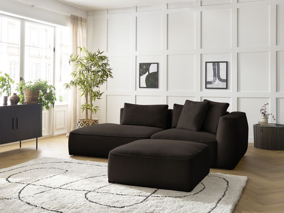 Canapé droit fixe 3 places LEOPOLD velours côtelé avec pouf