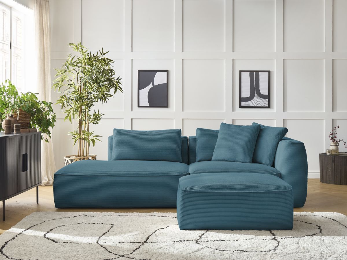 Canapé droit fixe 3 places LEOPOLD velours côtelé avec pouf