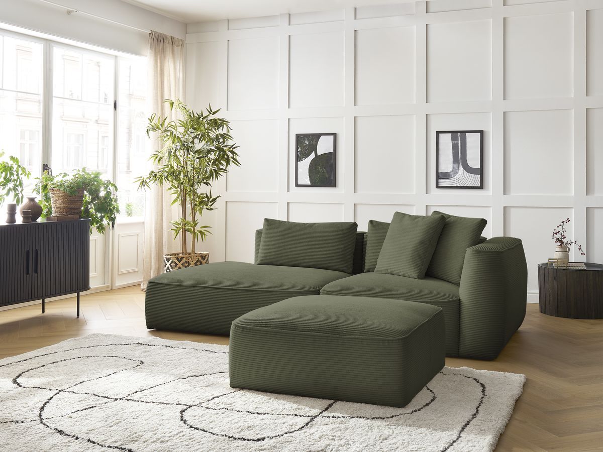 Canapé droit fixe 3 places LEOPOLD velours côtelé avec pouf