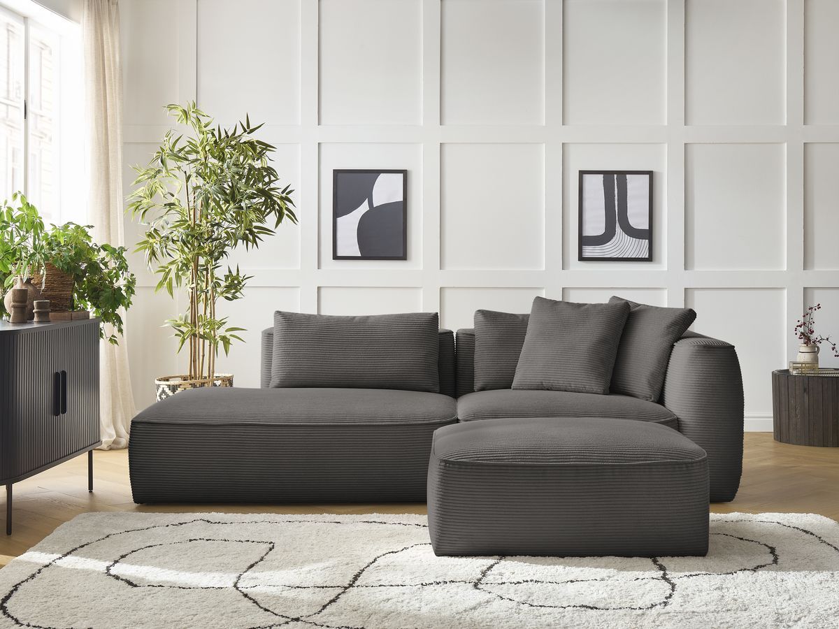 Canapé droit fixe 3 places LEOPOLD velours côtelé avec pouf