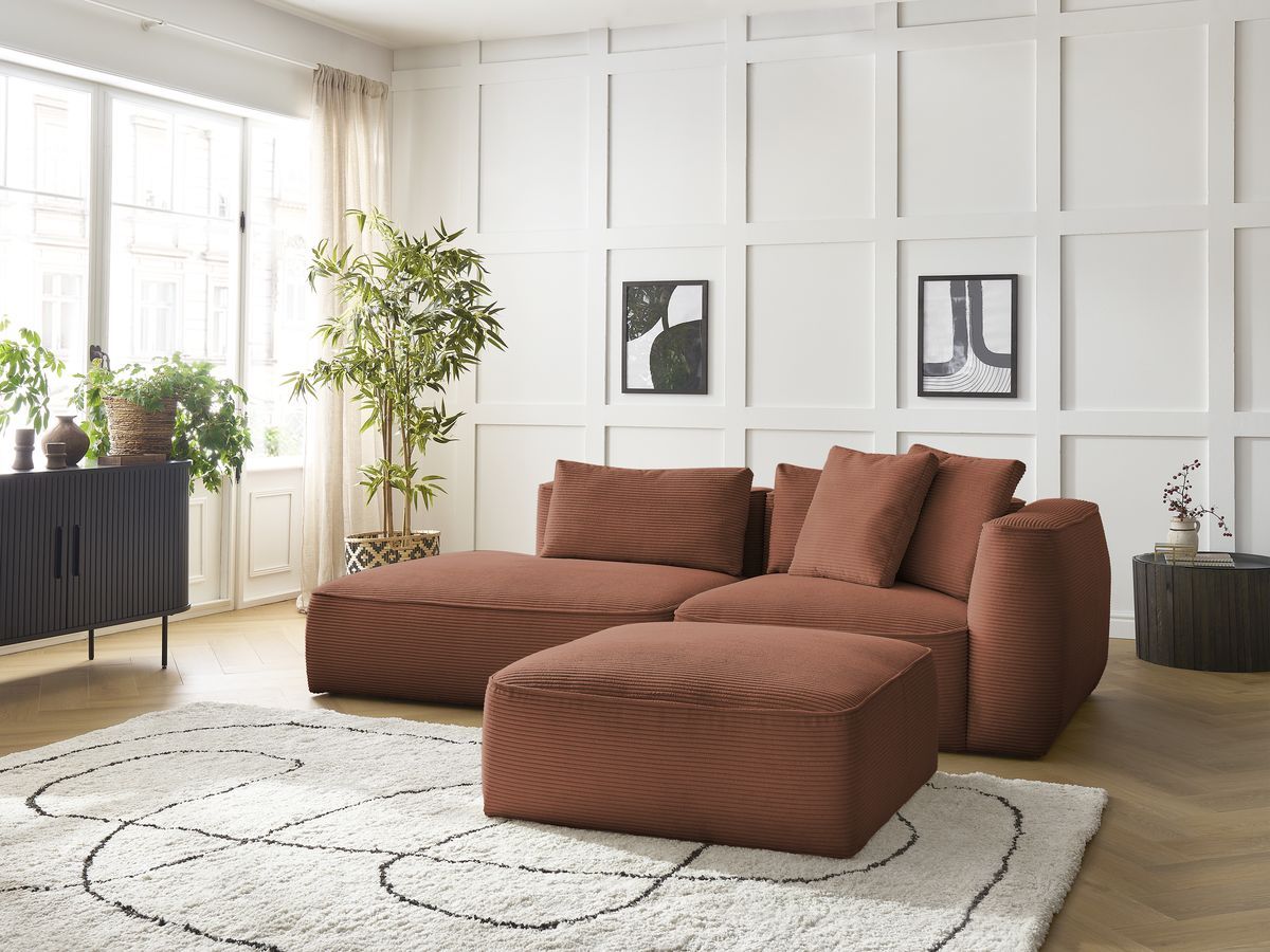 Canapé droit fixe 3 places LEOPOLD velours côtelé avec pouf