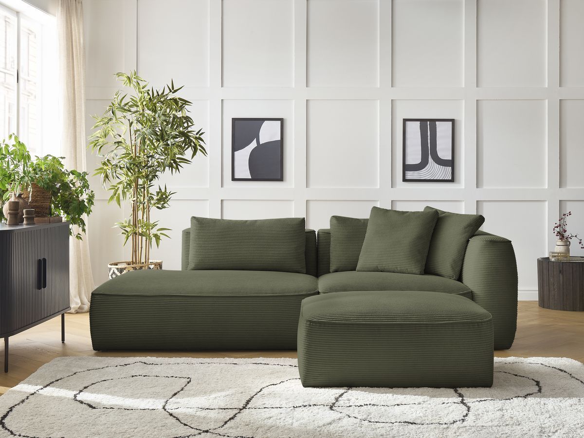 Canapé droit fixe 3 places LEOPOLD velours côtelé avec pouf