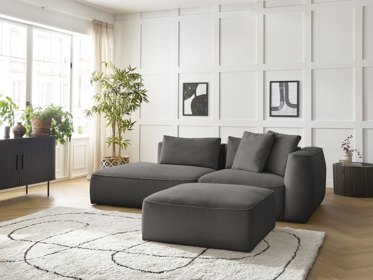Canapé droit fixe 3 places LEOPOLD velours côtelé avec pouf