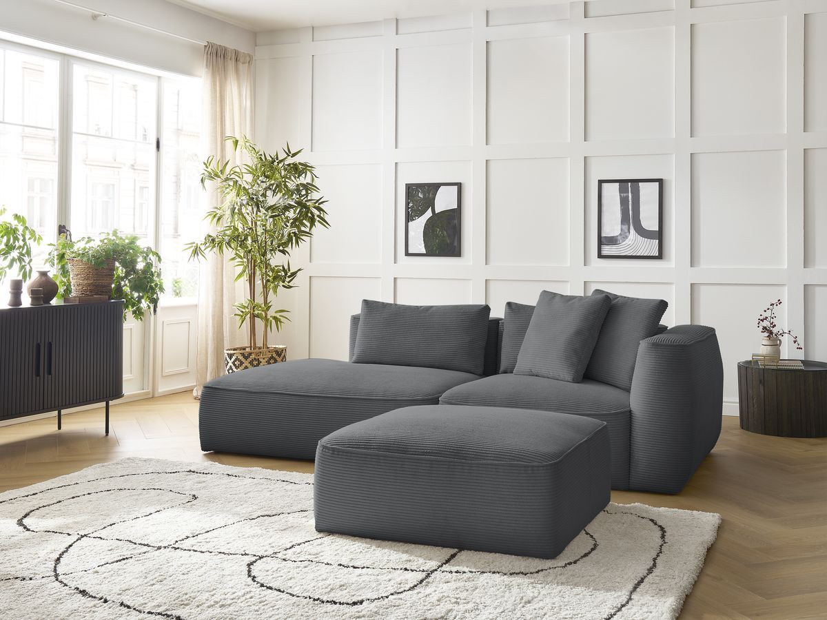 Canapé droit fixe 3 places LEOPOLD velours côtelé avec pouf