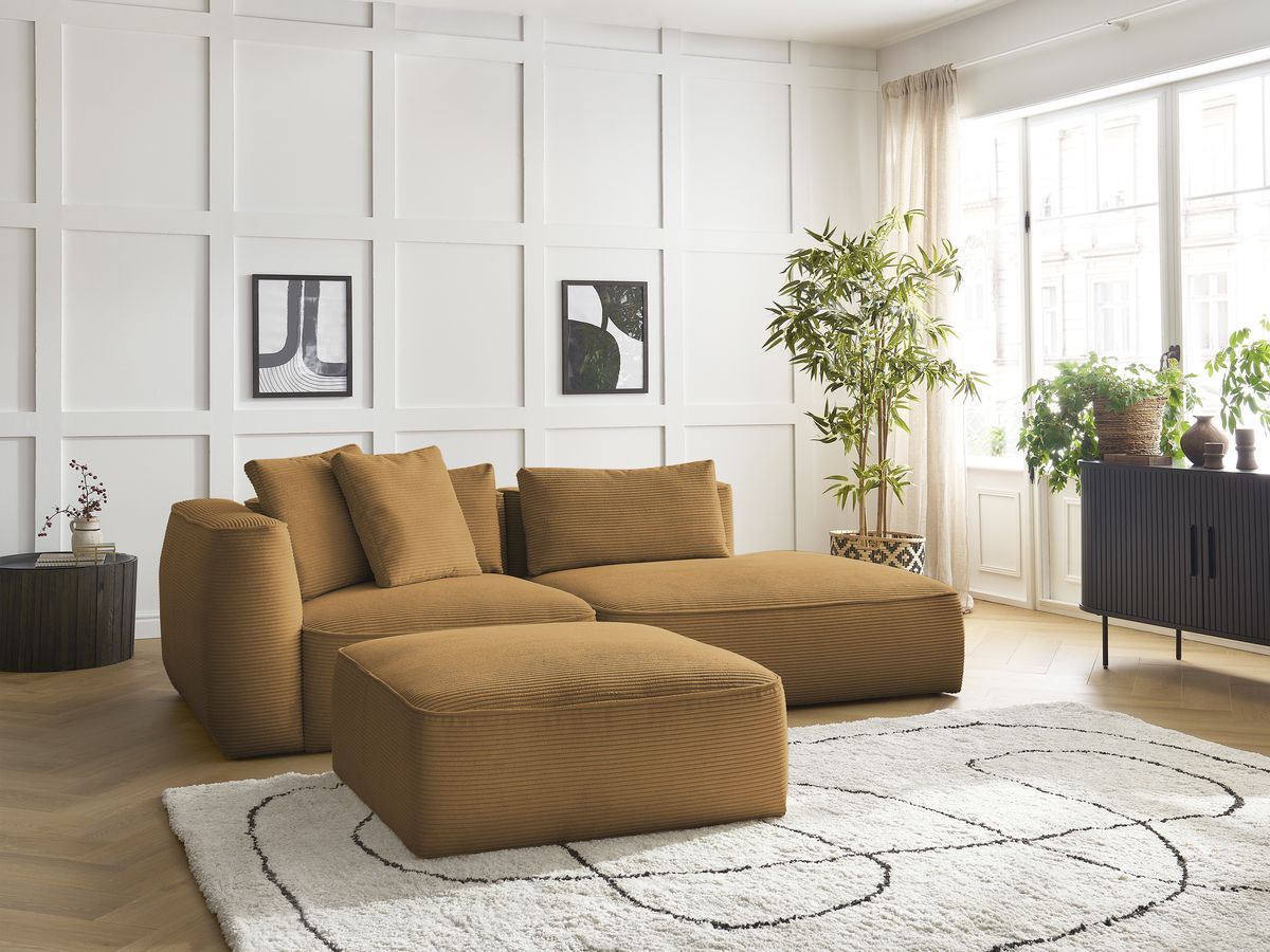 Canapé droit fixe 3 places LEOPOLD velours côtelé avec pouf