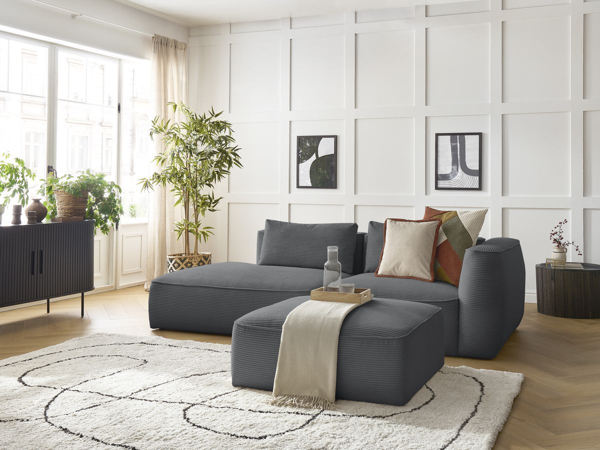 Canapé droit fixe 3 places LEOPOLD velours côtelé avec pouf